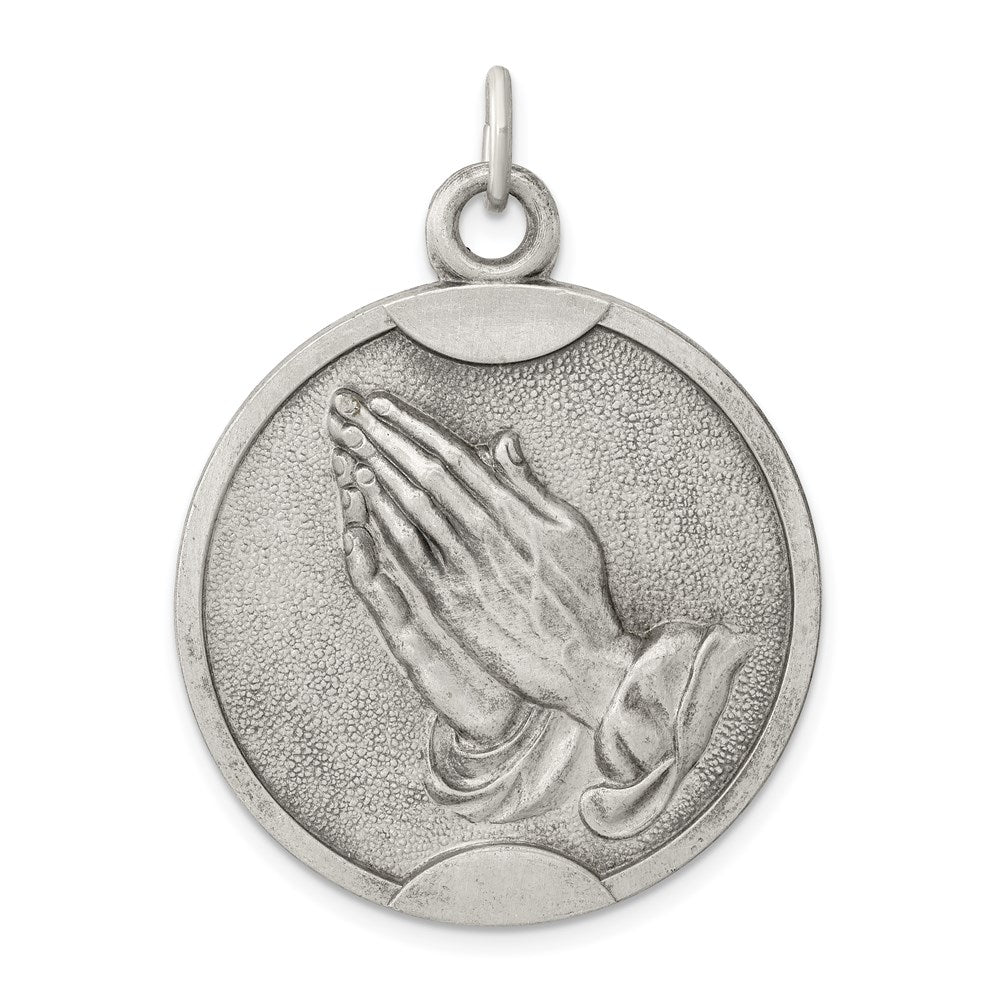 Sterling Silver Antiqued Praying Hands Pendant, 40 x 30 mm