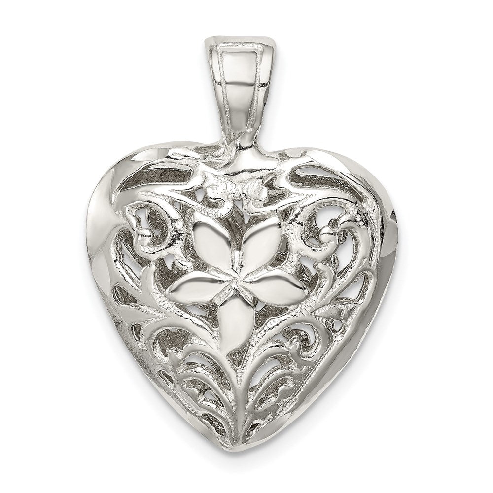 Sterling Silver Filigree Floral Heart Pendant, 25 x 18 mm