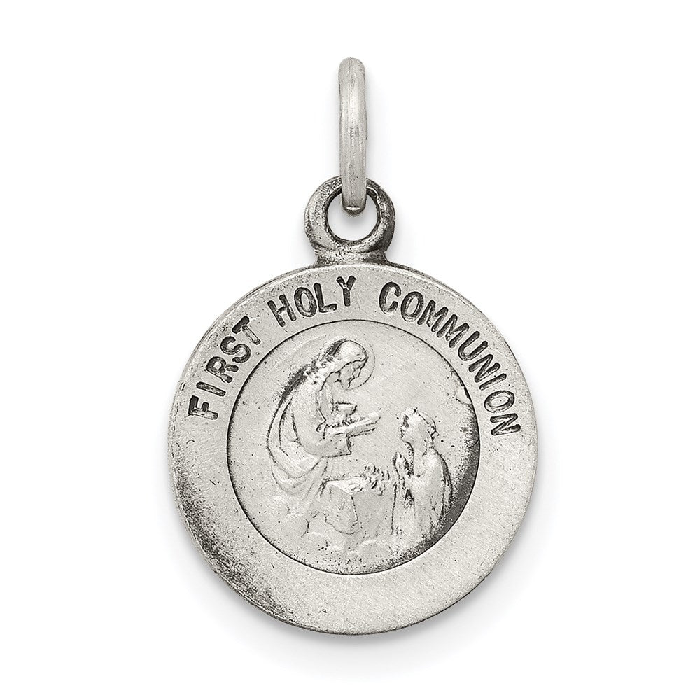 Sterling Silver Antiqued First Holy Communion Medal, 16 x 12 mm