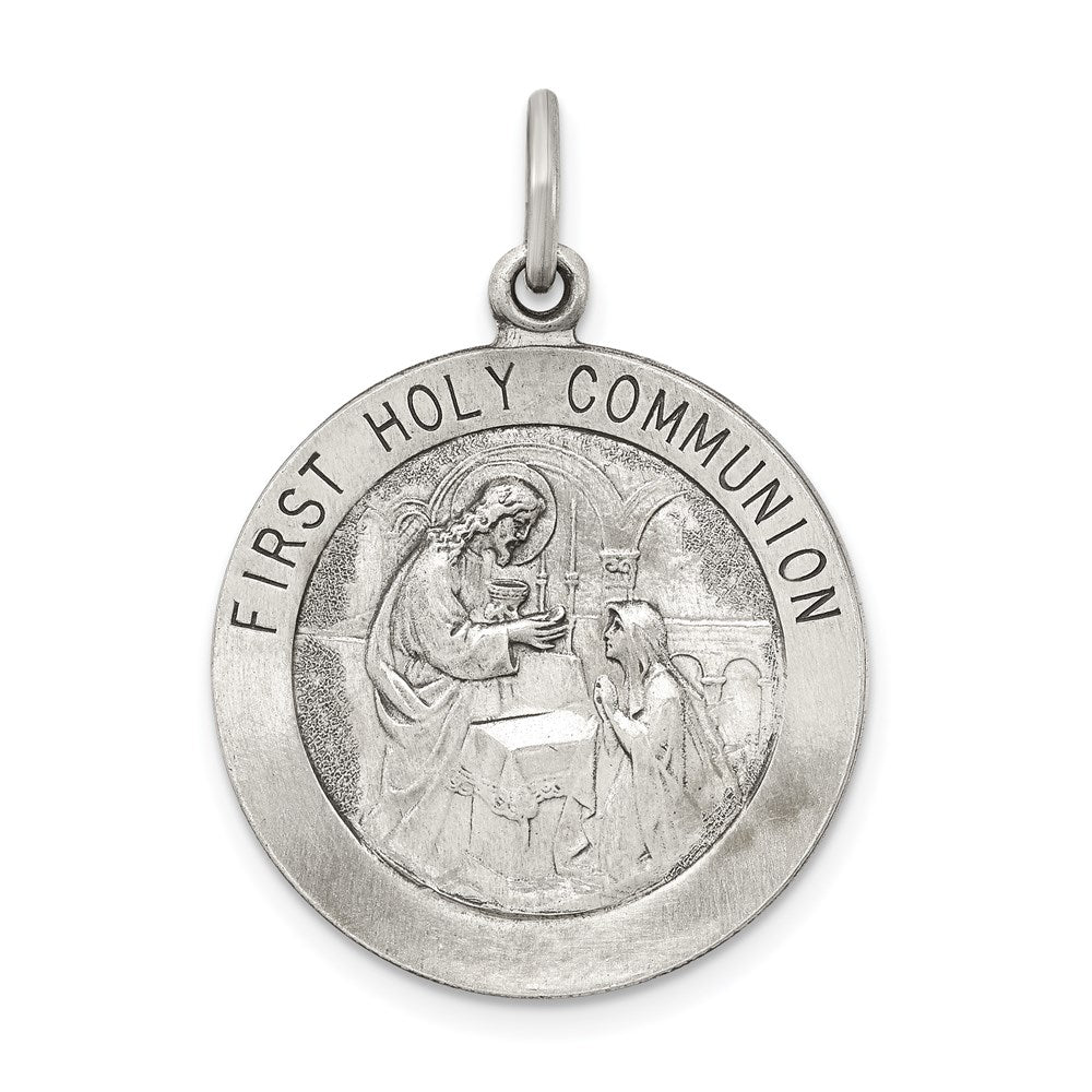Sterling Silver Antiqued First Holy Communion Medal, 30 x 22 mm