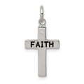 Sterling Silver Rhodium-plated Black Ink FAITH and CZ Antiqued Cross Charm, 19 x 11 mm