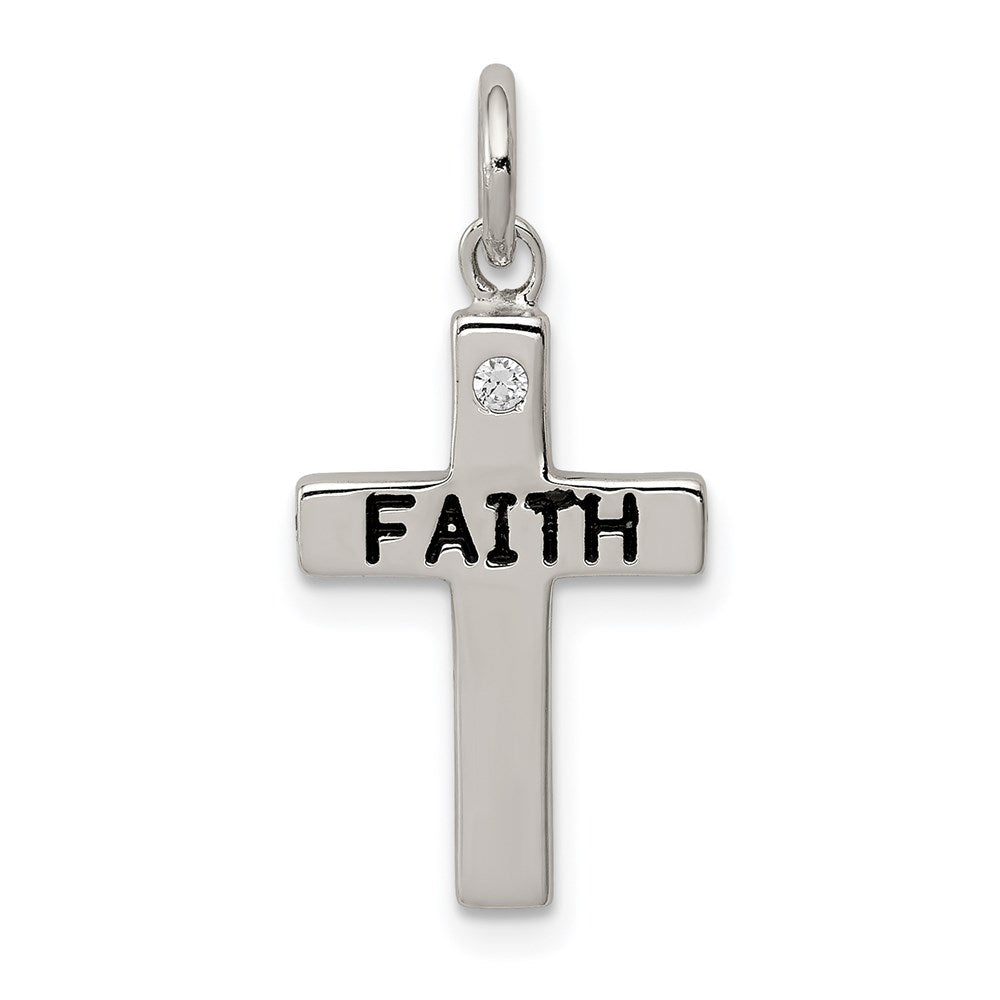 Sterling Silver Rhodium-plated Black Ink FAITH and CZ Antiqued Cross Charm, 19 x 11 mm