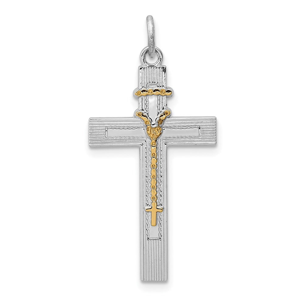 Sterling Silver Platinum-plated & Vermeil Rosary Cross Pendant, 30 x 16 mm