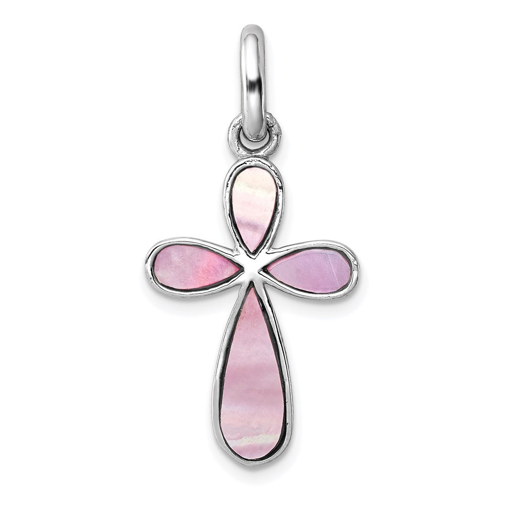 Sterling Silver Rhodium-platedPink Mother of Pearl Cross Pendant, 31 x 15 mm