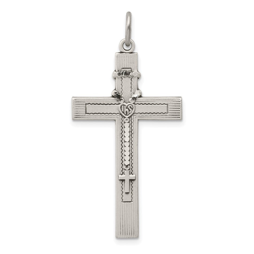 Sterling Silver Antiqued Rosary Cross Pendant, 37 x 21 mm