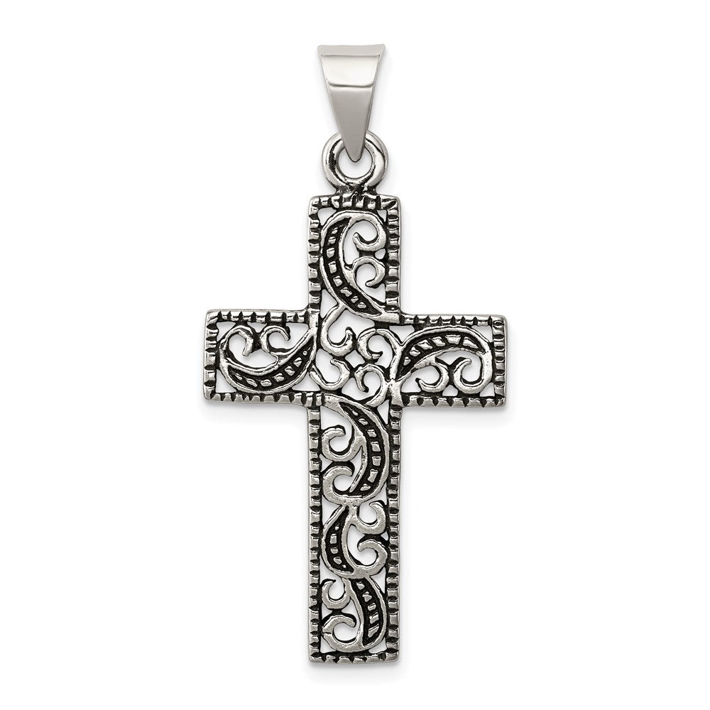 Sterling Silver Antiqued Scroll Cross Pendant, 42 x 21 mm