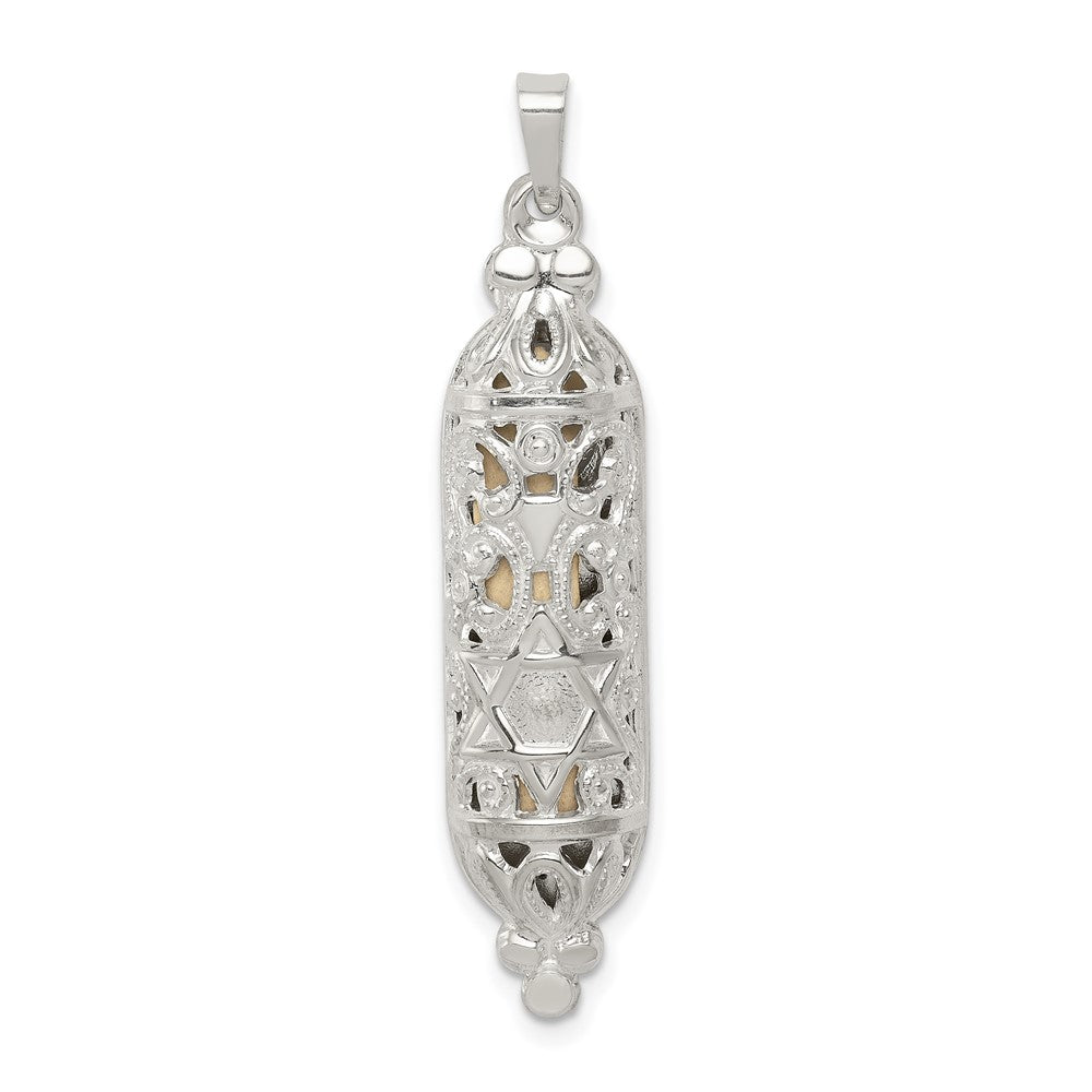 Sterling Silver Fancy Mezuzah Pendant, 37 x 10 mm