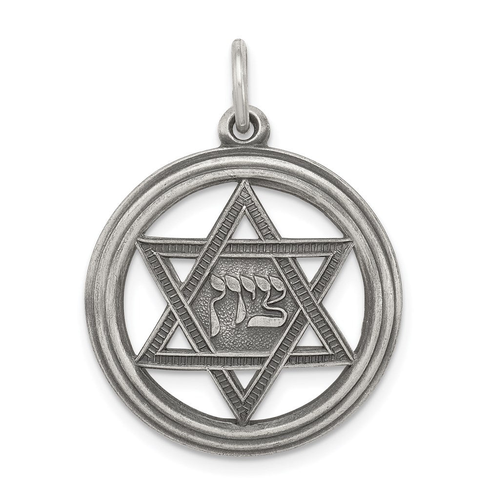 Sterling Silver Antiqued Star of David Disc Charm, 25 x 23 mm
