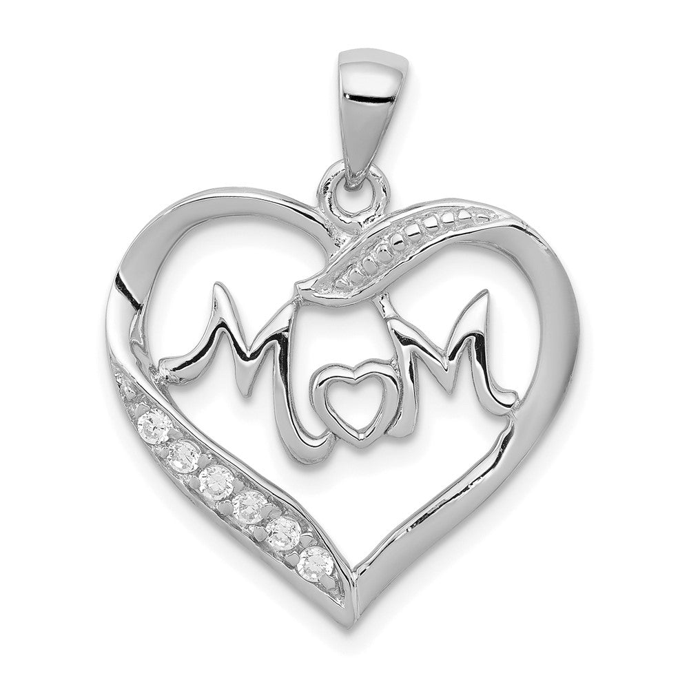 Sterling Silver Rhodium-plated MOM CZ Heart Pendant, 21 x 21 mm, 2.25 g