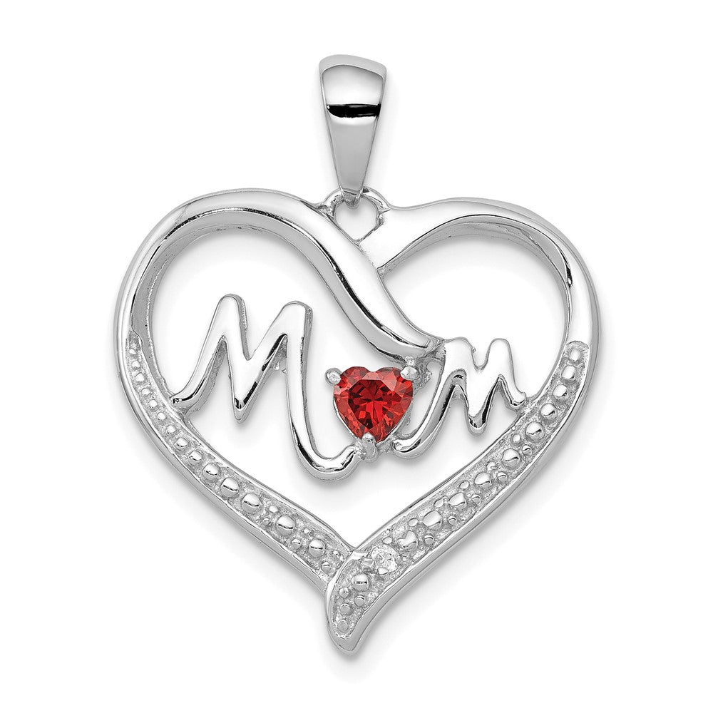 Sterling Silver Rhodium-Plated Red CZ Heart & White CZ Mom Heart Pendant, 22 x 21 mm