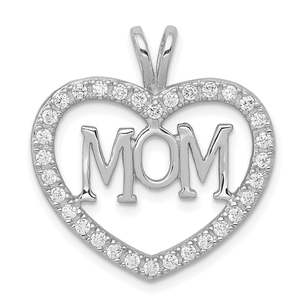 Sterling Silver Rhodium-plated CZ Open Heart MOM Pendant, 26 x 24 mm