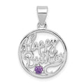 Sterling Silver Rhodium-plated Amethyst Happy Birthday Pendant, 0.11 ct, 25 x 17 mm