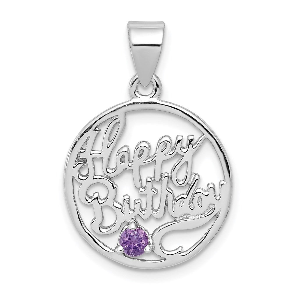 Sterling Silver Rhodium-plated Amethyst Happy Birthday Pendant, 0.11 ct, 25 x 17 mm