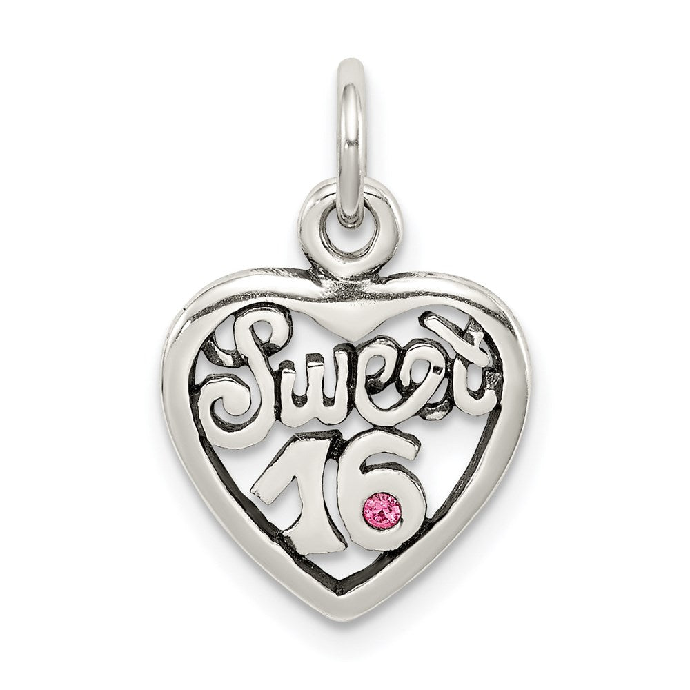 Sterling Silver Antiqued Sweet 16 Heart Charm, 20 x 14 mm