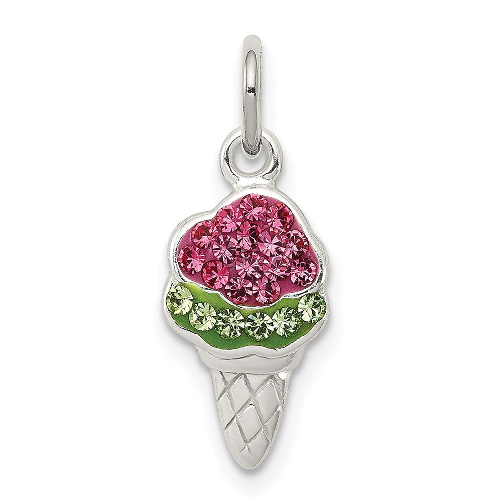 Sterling Silver Pink and Green Stellux Crystal Ice Cream Cone Charm, 20 x 7 mm