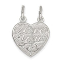 Sterling Silver I Love You 2-piece break apart Heart Charm, 17 x 9 mm