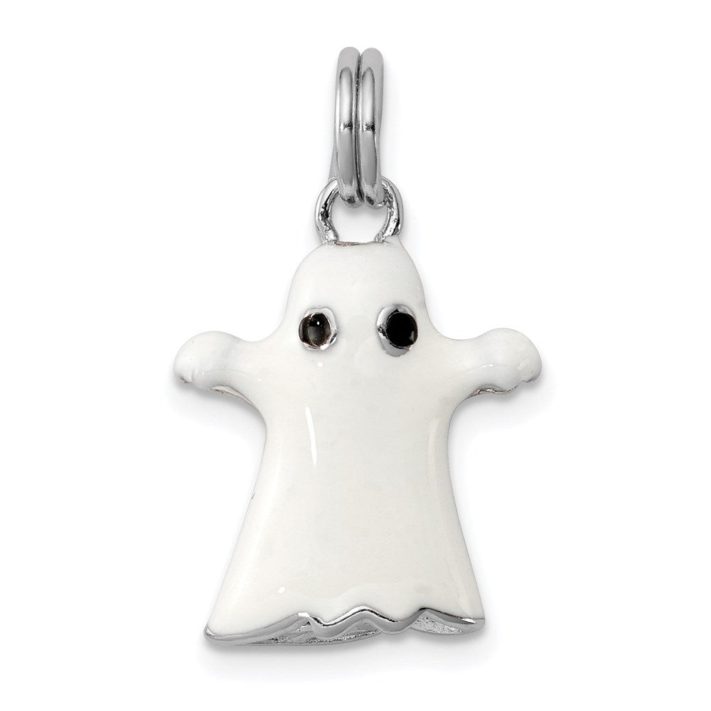 Sterling Silver Rhodium-platedWhite Enamel Ghost Charm, 23 x 14 mm