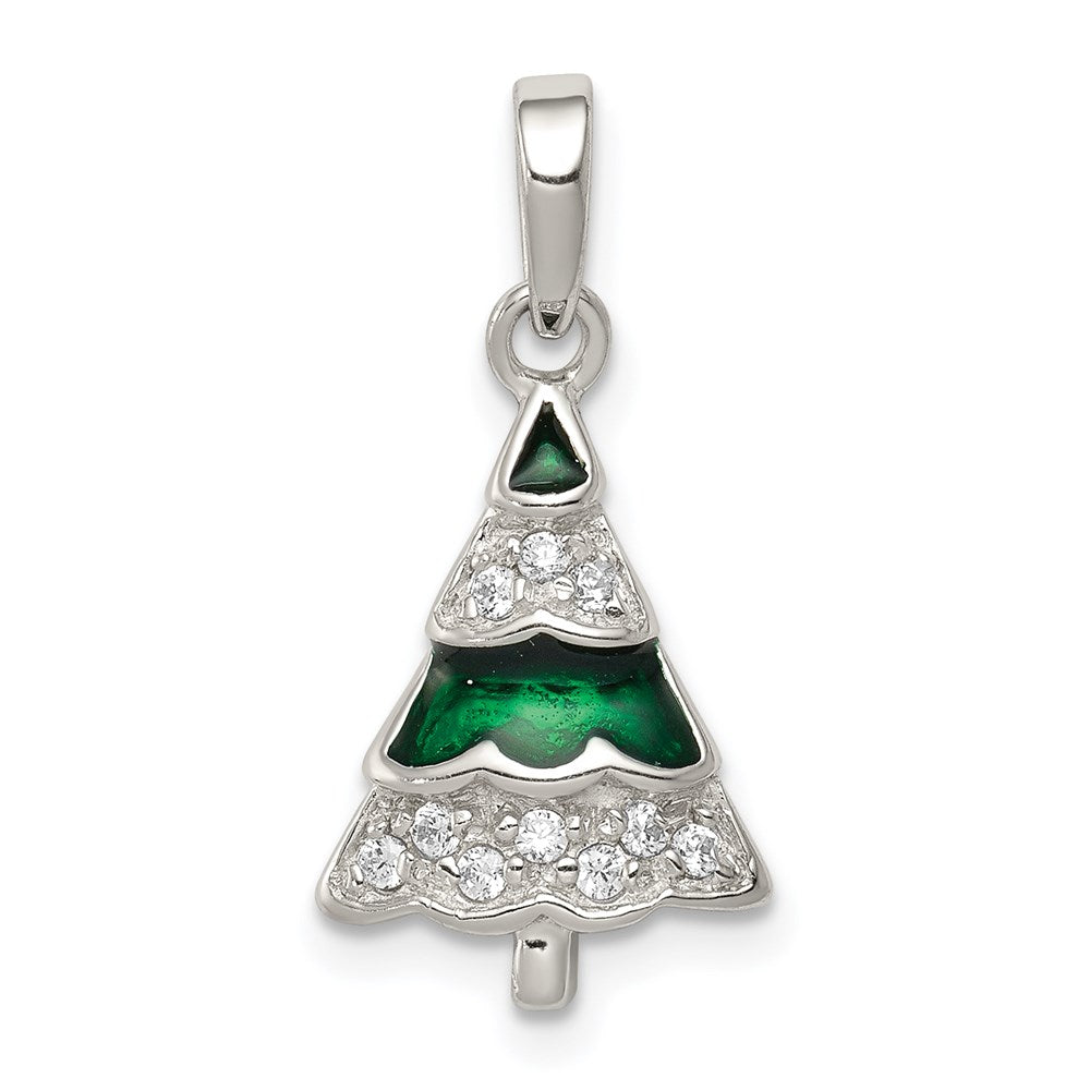 Sterling Silver Rhodium-plated CZ and Enameled Christmas Tree Pendant, 22 x 10 mm