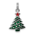Sterling Silver Rhodium-platedEnamel Christmas Tree Charm, 21 x 13 mm