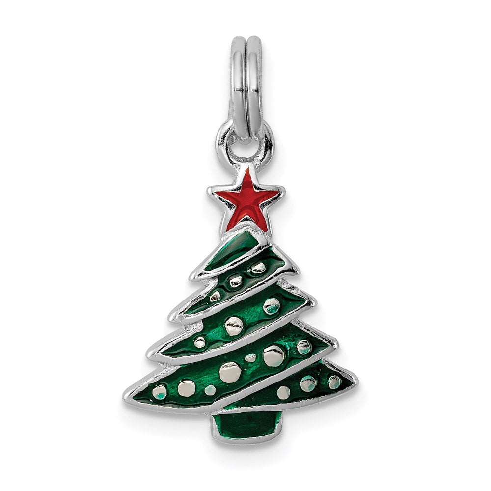 Sterling Silver Rhodium-platedEnamel Christmas Tree Charm, 21 x 13 mm