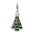 Sterling Silver RH-plated CZ & Enameled Christmas Tree Charm, 32 x 12 mm
