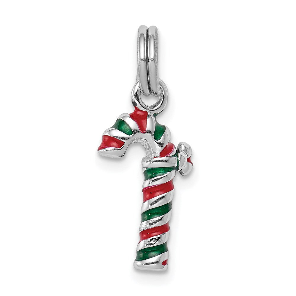 Sterling Silver Rhodium-plated Enamel Candy Cane Charm, 21 x 8 mm