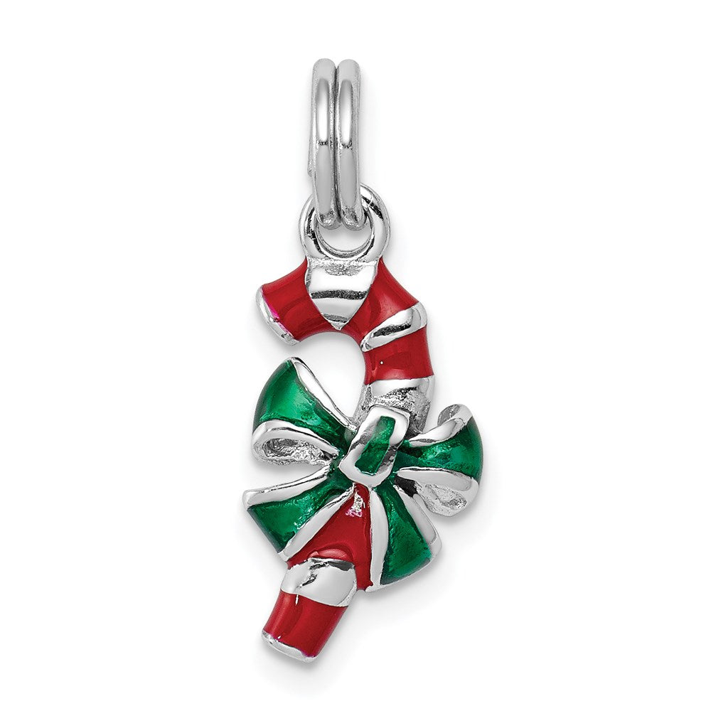 Sterling Silver Rhodium-platedEnamel Candy Cane Charm, 22 x 8 mm