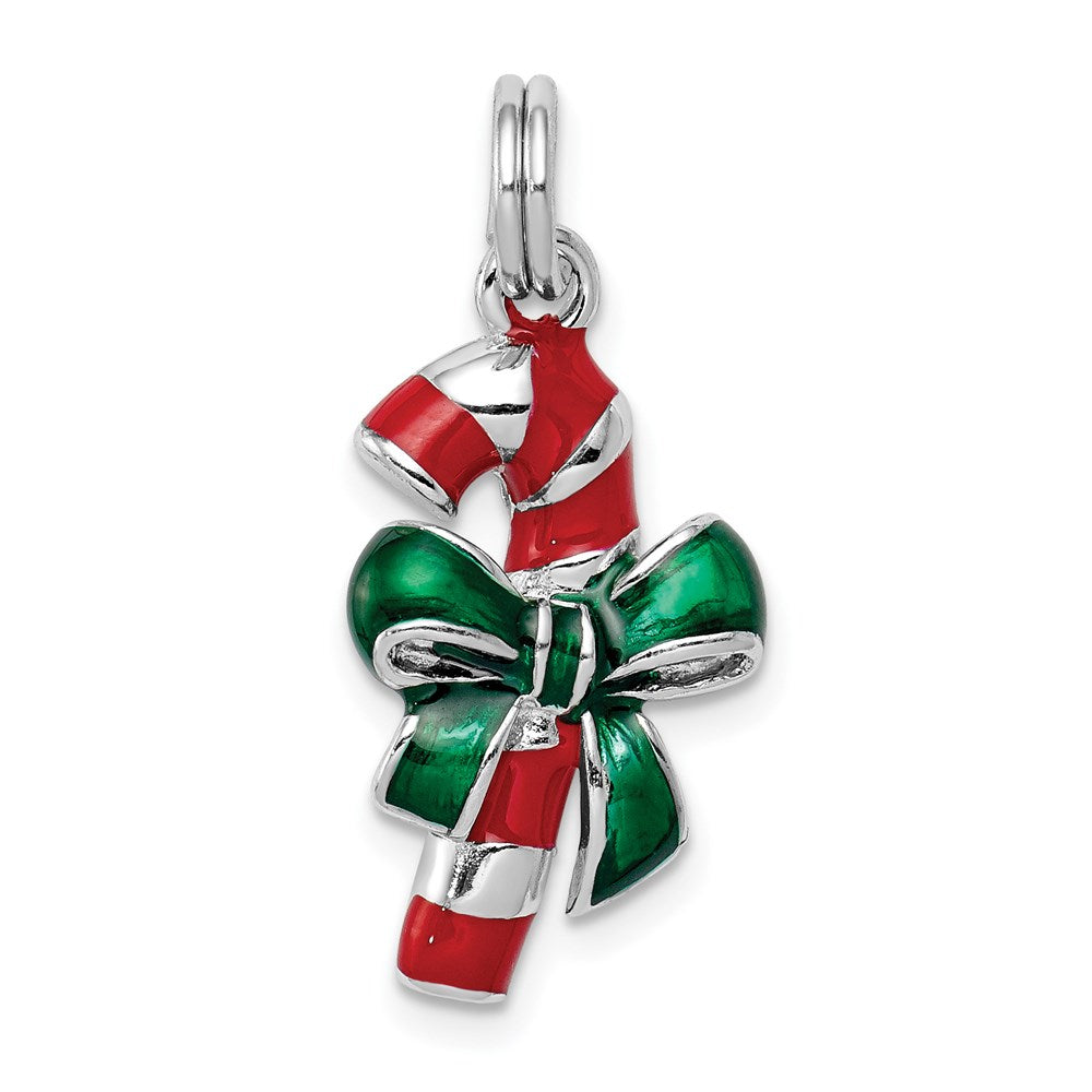 Sterling Silver Rhodium-platedEnamel Candy Cane Charm, 26 x 11 mm
