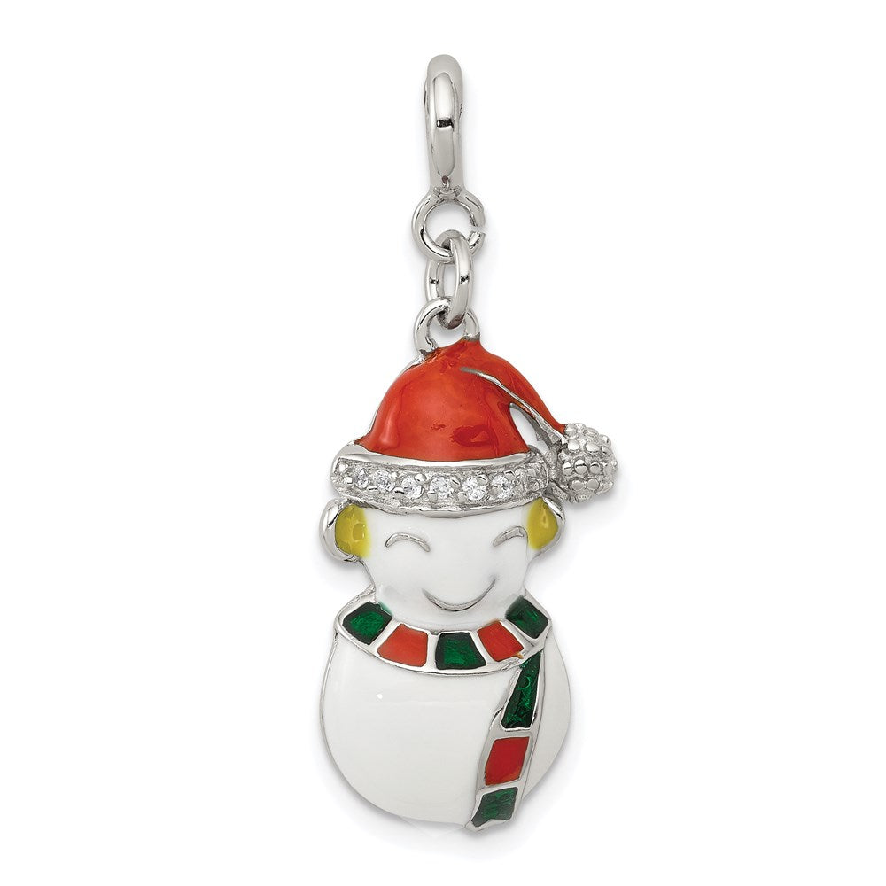 Sterling Silver Rhodium-plated CZ Enameled Snowman Charm, 32 x 13 mm
