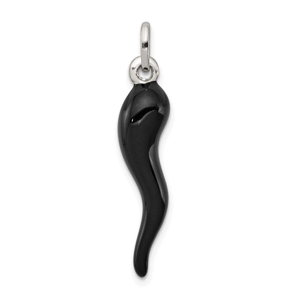 Sterling Silver Black Enamel Italian Horn Pendant, 33 x 7 mm