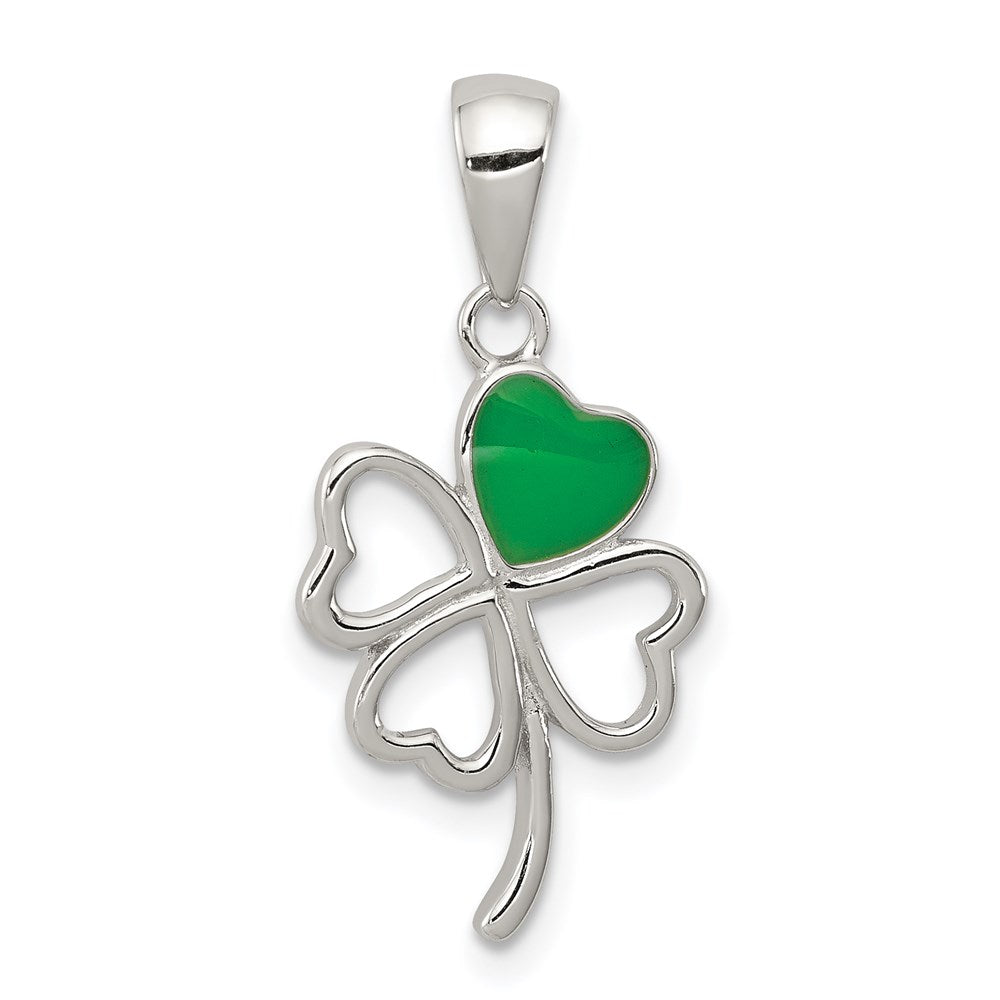 Sterling Silver Rhodium-plated Green Enameled Four Leaf Clover Pendant, 24 x 12 mm
