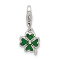 Sterling Silver Green Enameled Four Leaf Clover Charm with Lobster Clasp, 23 x 9 mm