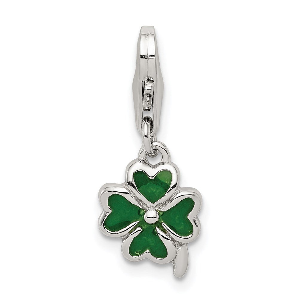 Sterling Silver Green Enameled Four Leaf Clover Charm with Lobster Clasp, 23 x 9 mm