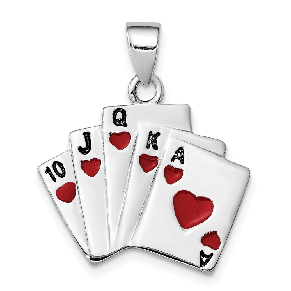 Sterling Silver Rhodium-platedEnamel Royal Flush Pendant, 25 x 22 mm