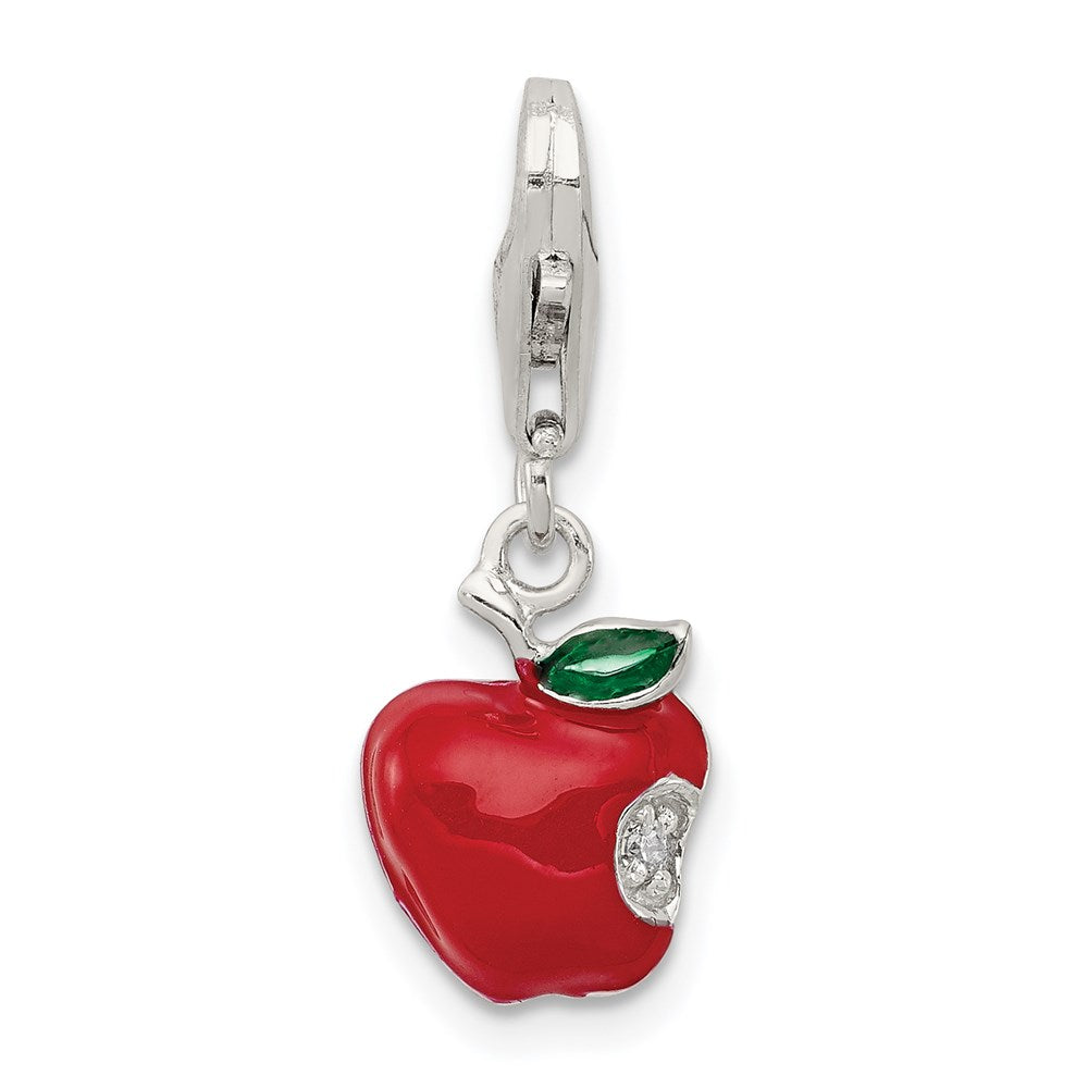 Sterling Silver Rhodium-plated CZ and Red Enameled Apple Charm, 13 x 9 mm