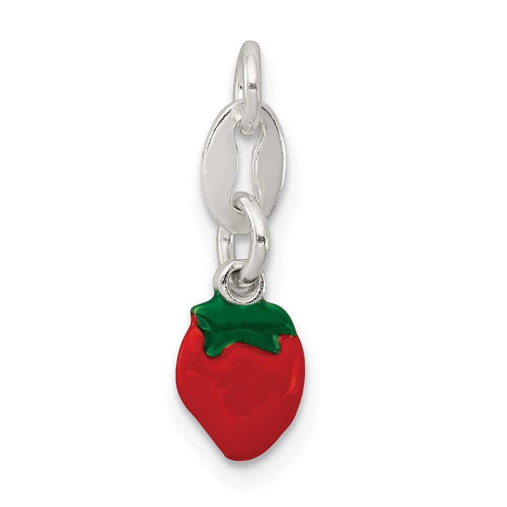 Sterling Silver Enameled Strawberry Charm, 8 x 6 mm