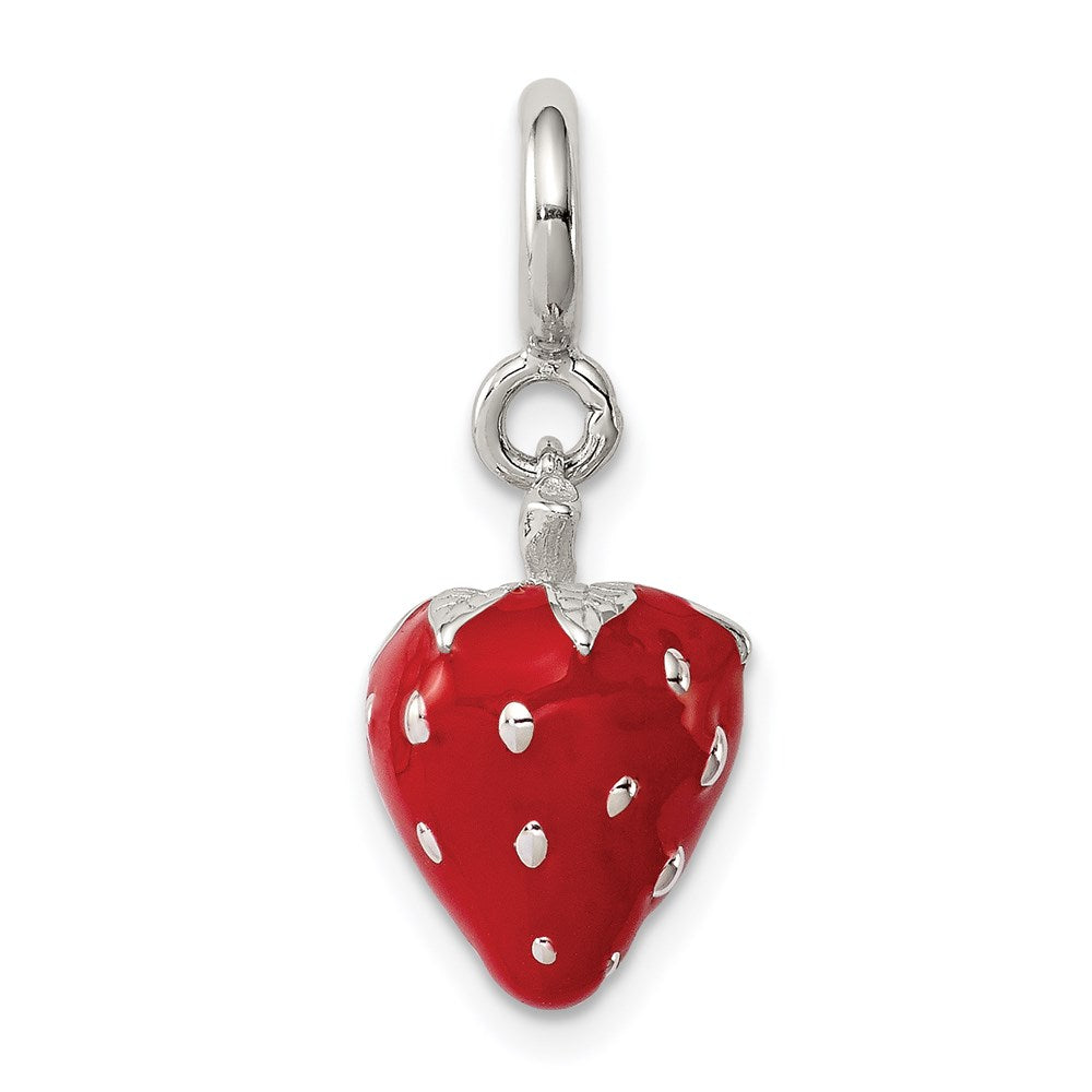 Sterling Silver Rhodium-plated Red Enameled Strawberry Charm, 15 x 10 mm