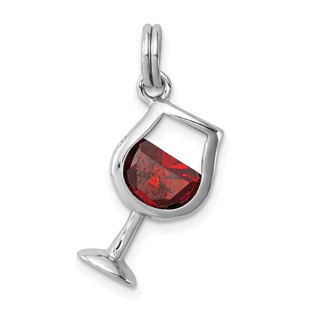 Sterling Silver Rhodium-plated Red CZ Wine Glass Charm, 22 x 10 mm