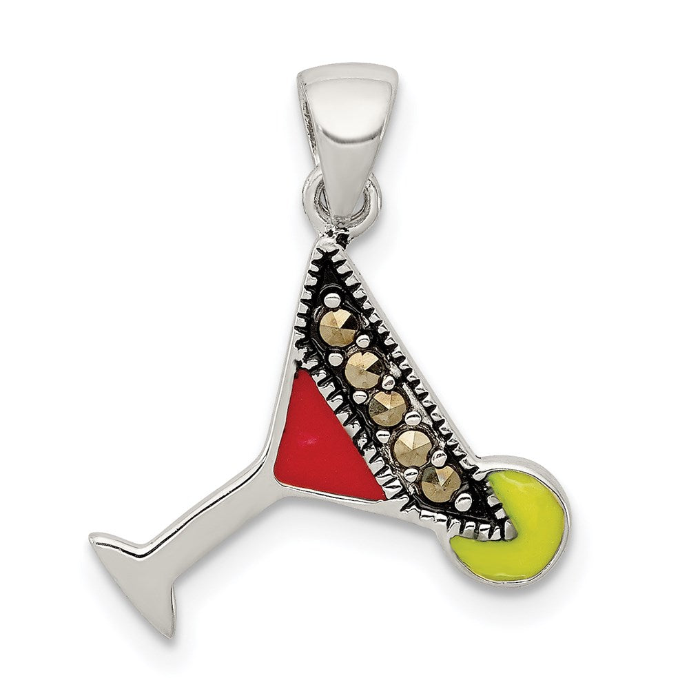 Sterling Silver Rhodium-plated and Hematite-plated Marcasite Red and Green Enameled Martini Pendant, 18 x 14 mm
