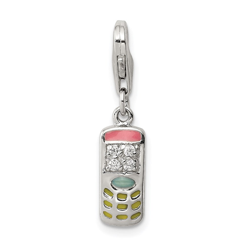 Sterling Silver Rhodium-plated Enameled and CZ Cell Phone Charm, 26 x 5.5 mm
