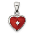 Sterling Silver Rhodium Plated Red Enamel with CZ Heart Pendant, 17 x 11 mm