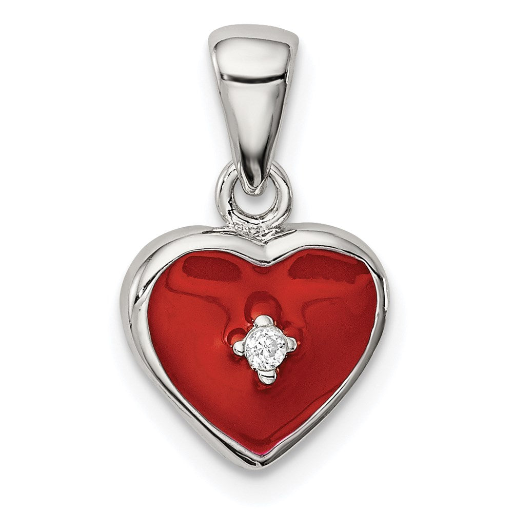 Sterling Silver Rhodium Plated Red Enamel with CZ Heart Pendant, 17 x 11 mm