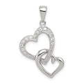 Sterling Silver Rhodium-plated Polished Heart and CZ Double Heart Interconnected Pendant, 28 x 17 mm