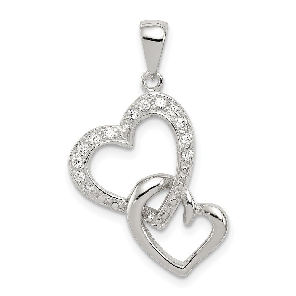 Sterling Silver Rhodium-plated Polished Heart and CZ Double Heart Interconnected Pendant, 28 x 17 mm