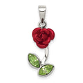 Sterling Silver Red Enamel w/Green CZ Rose Charm, 23 x 10 mm
