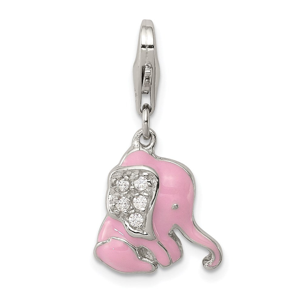 Sterling Silver Rhodium-plated Pink Enameled CZ Elephant Charm, 26 x 13 mm