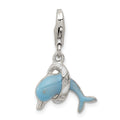 Sterling Silver Rhodium-plated Enameled Dolphin with Lobster Clasp Charm, 28 x 16 mm