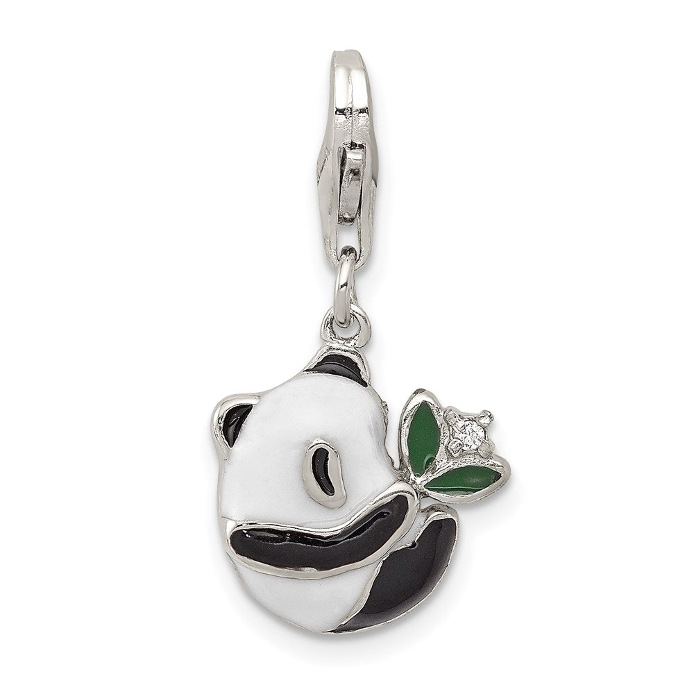 Sterling Silver Rhodium-plated CZ Enamel Panda Charm with Lobster Clasp, 25 x 13 mm