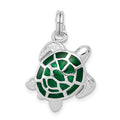 Sterling Silver Rhodium-plated Green Enamel Polished Turtle Charm, 17 x 18 mm
