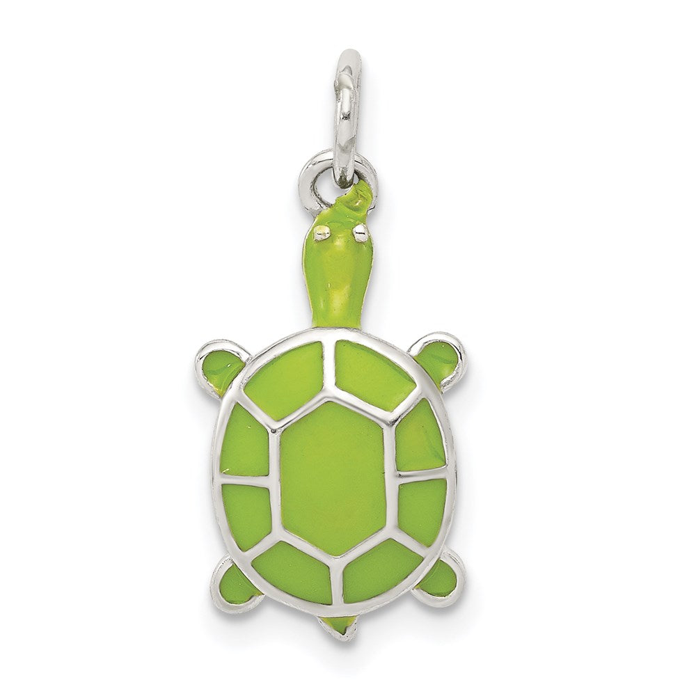 Sterling Silver Rhodium-plated Green Enameled Turtle Pendant, 20 x 11 mm